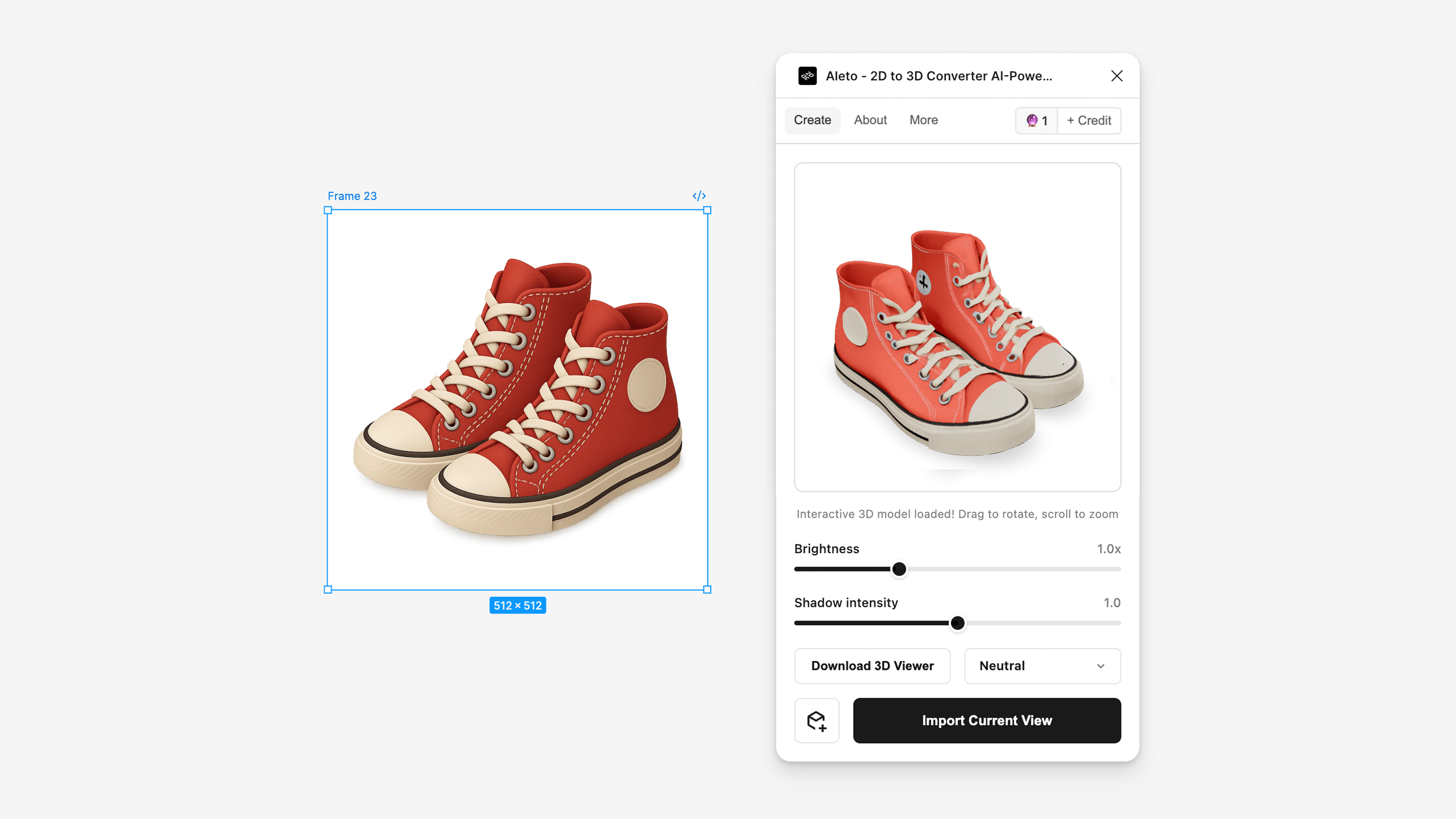 Aleto plugin showing AI-powered 3D model generation from 2D designs