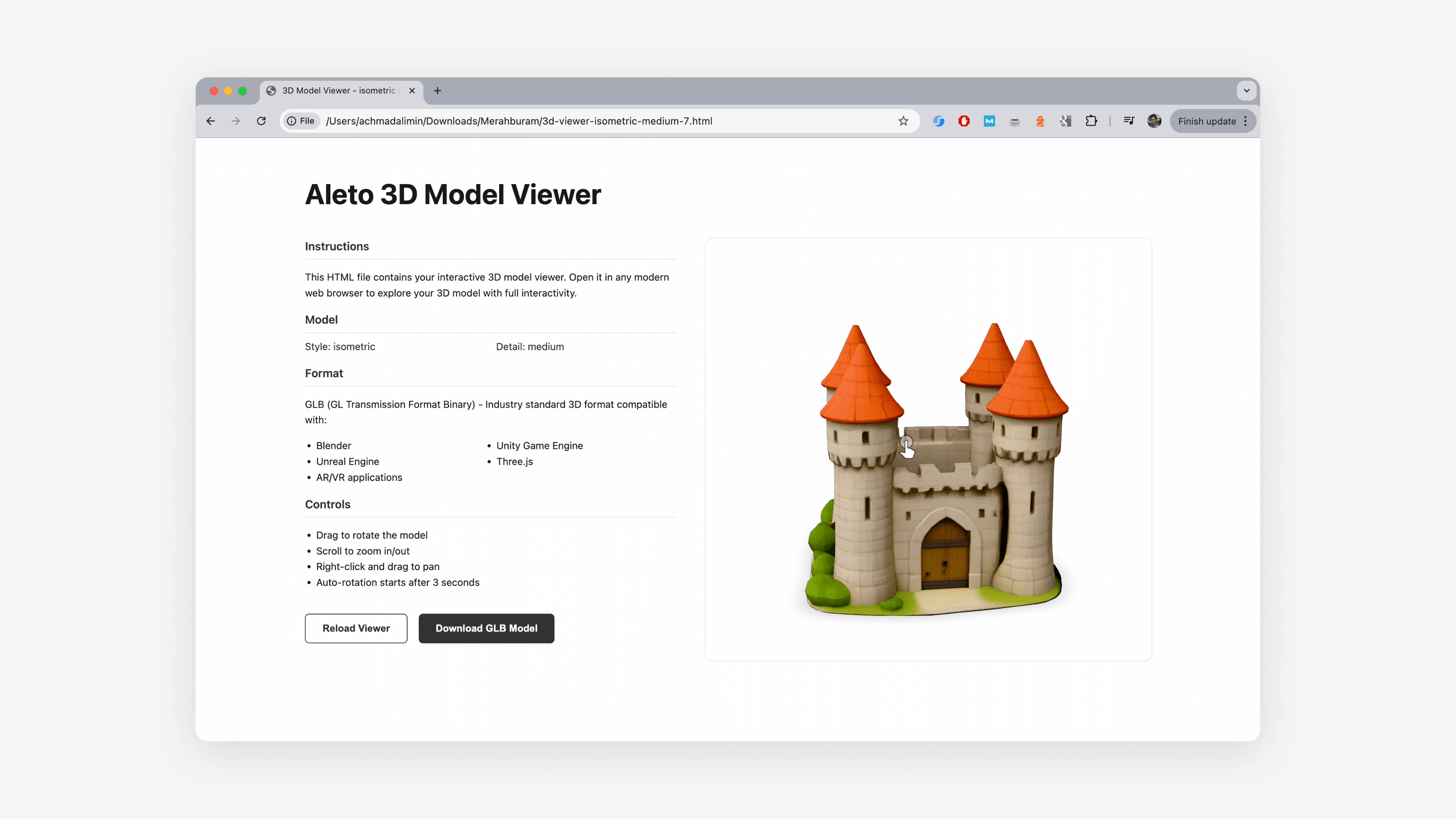 Aleto plugin showing GLB model export options for external 3D applications