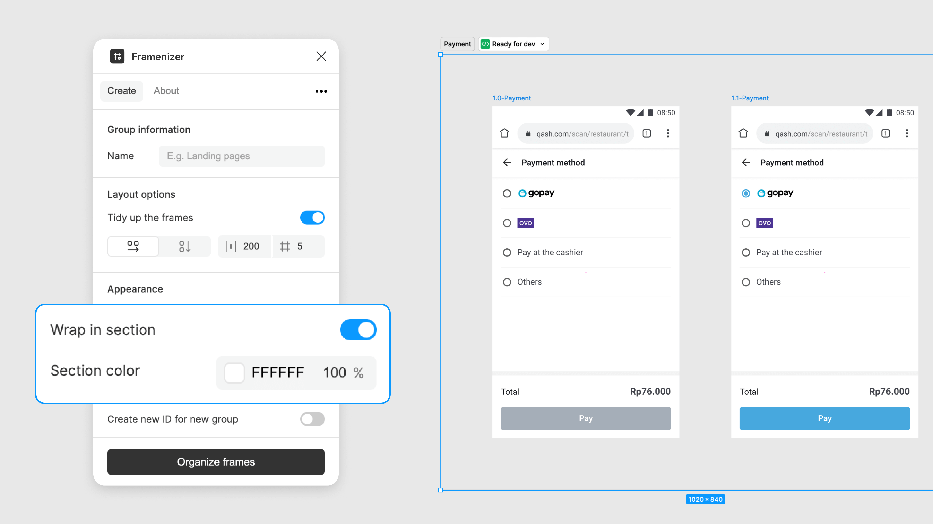 Framenizer plugin showing section wrapping feature for grouping related frames
