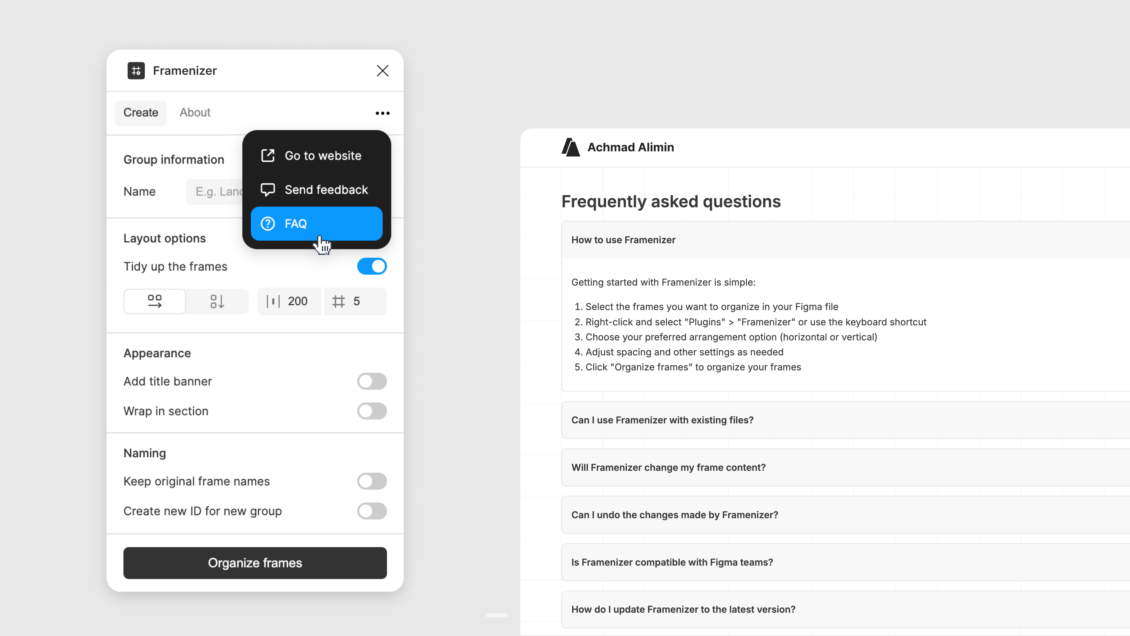 Framenizer plugin support and feedback options for user assistance
