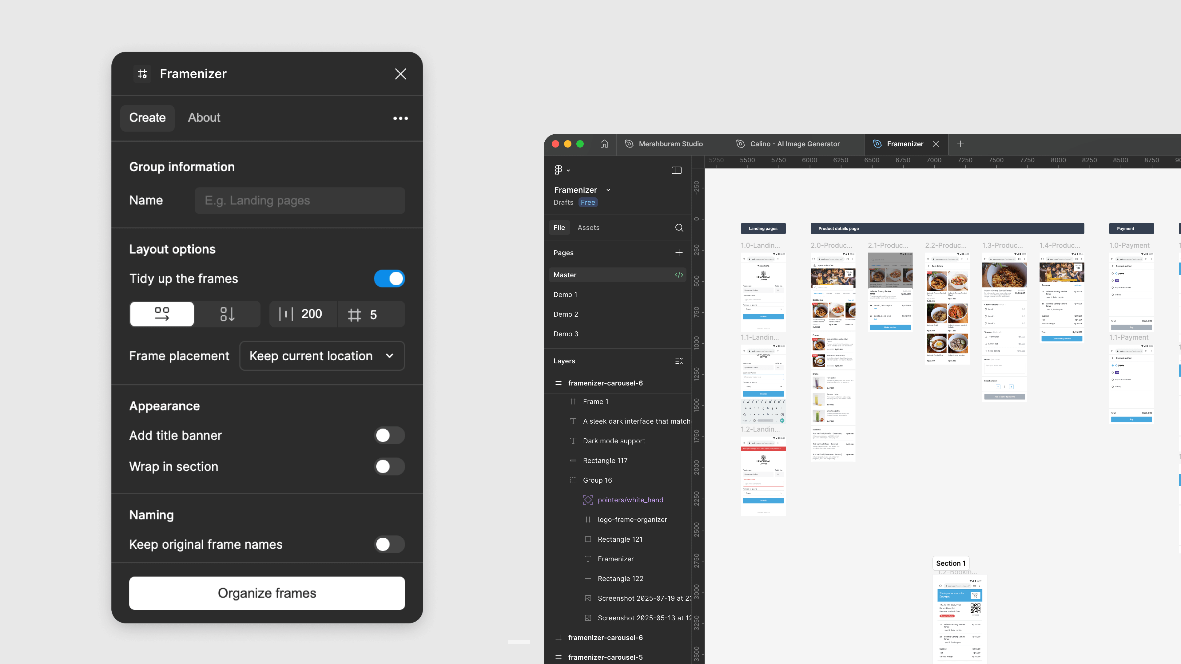 Framenizer plugin dark mode interface for comfortable design sessions