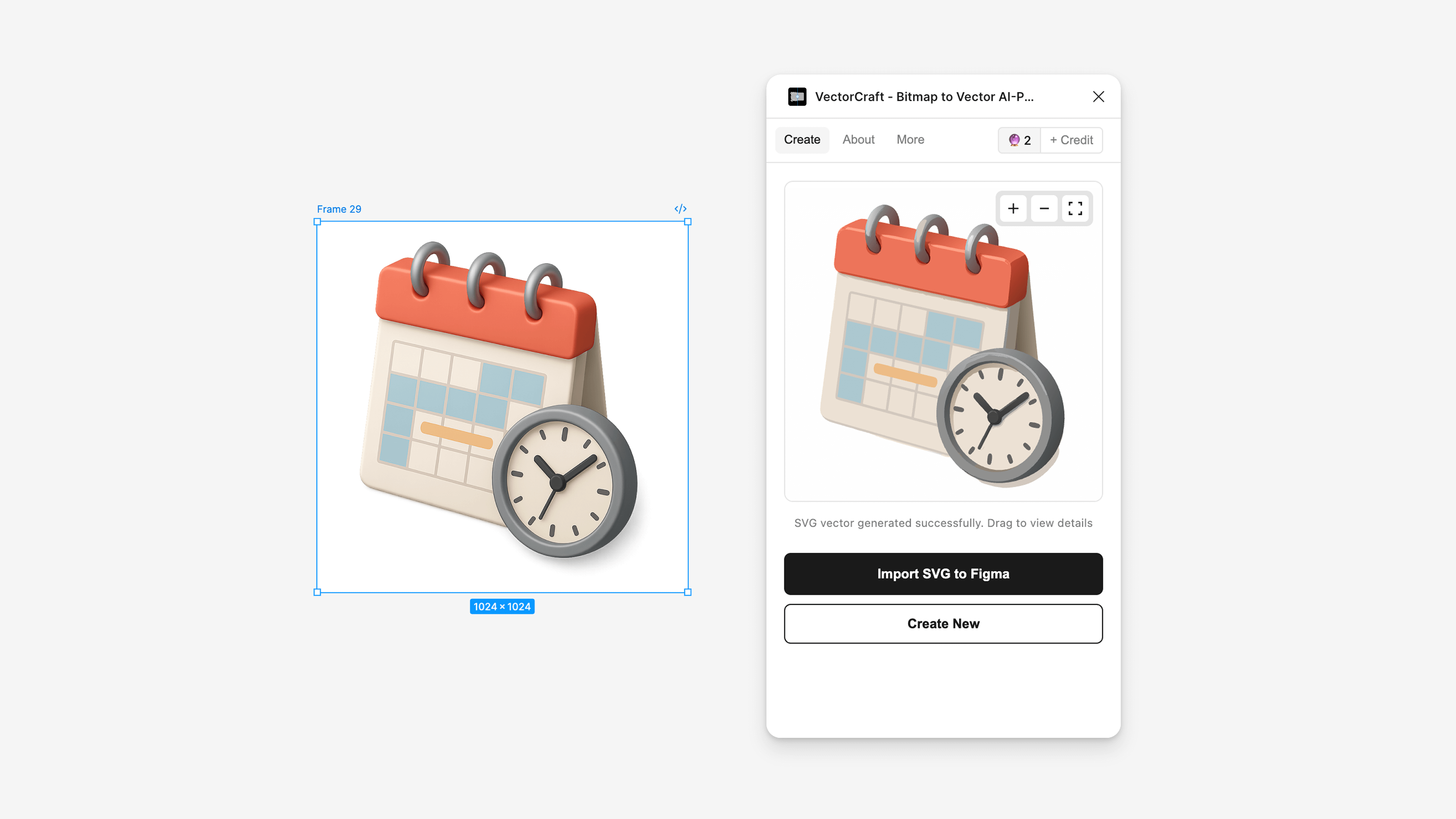 VectorCraft plugin showing AI-powered SVG vector generation from bitmap images
