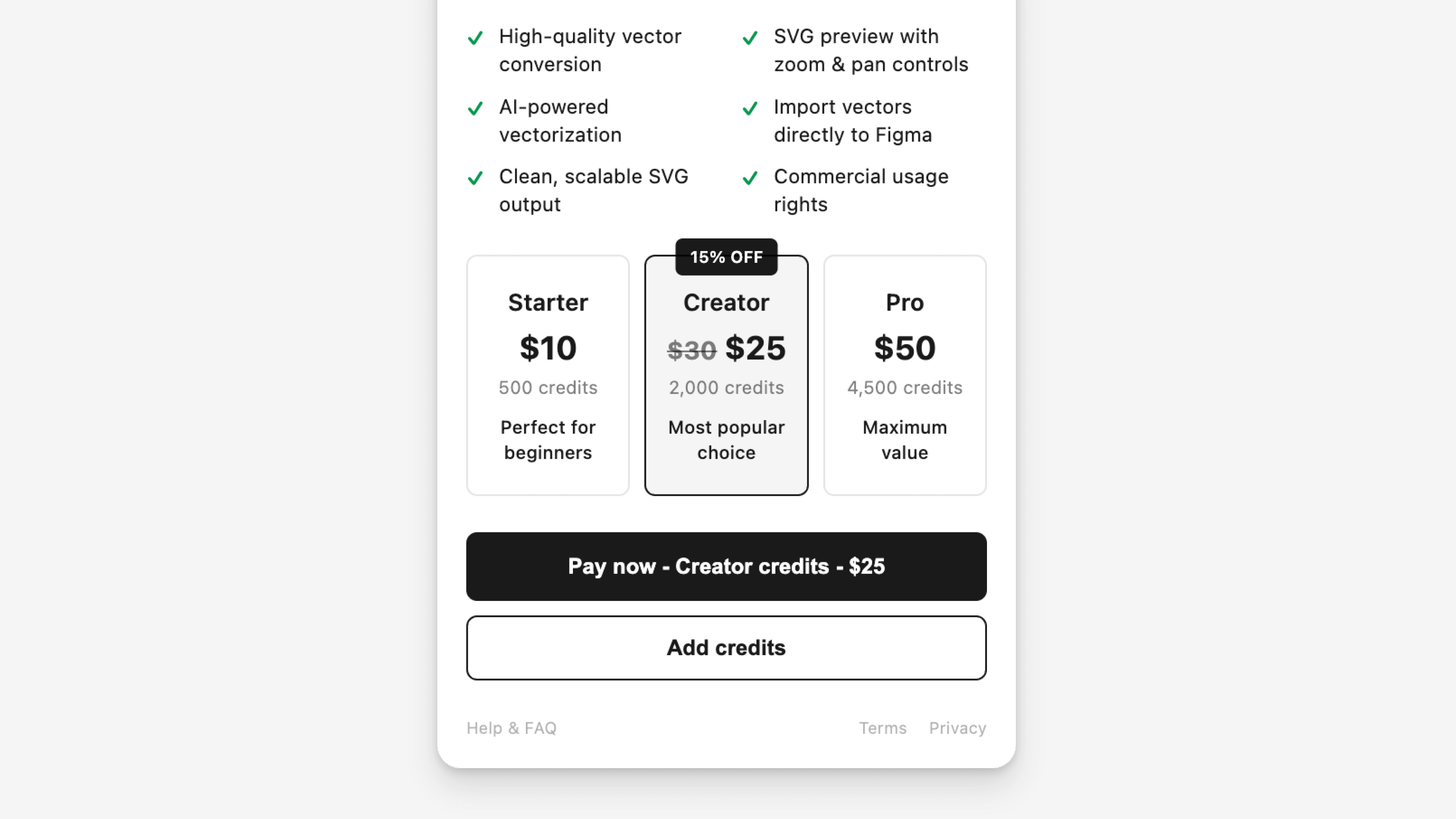 VectorCraft plugin credit system showing flexible pricing plans for different usage needs